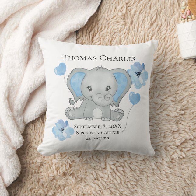 Personalised Birth Stats Baby Elephant Blue Grey Cushion (Blanket)