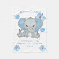 Personalised Birth Stats Baby Elephant Blue Grey