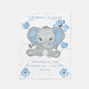 Personalised Birth Stats Baby Elephant Blue Grey   Fleece Blanket