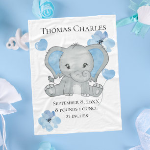 Personalised Birth Stats Baby Elephant Blue Grey Fleece Blanket