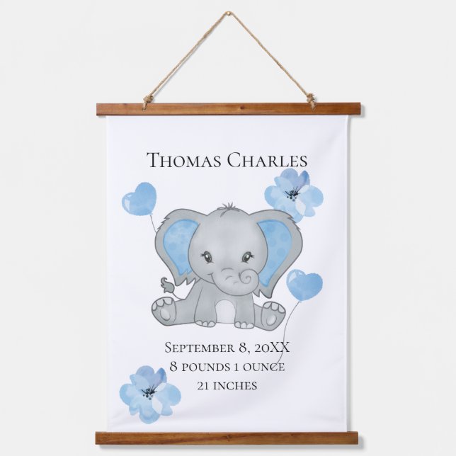 Personalised Birth Stats Baby Elephant Blue Grey   Hanging Tapestry (Front)