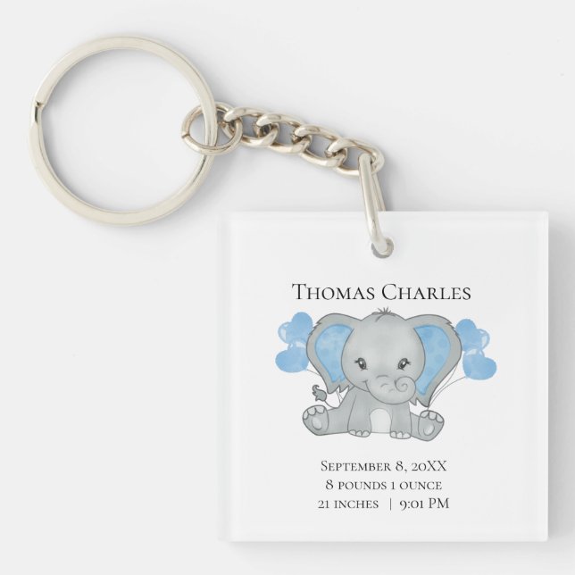 Personalised Birth Stats Baby Elephant Blue Grey  Key Ring (Front)
