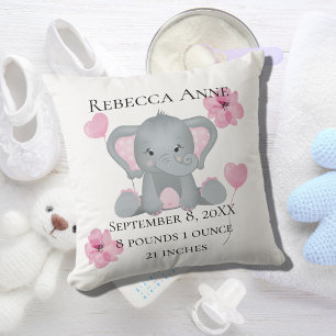 Personalised Birth Stats Baby Elephant Pink Grey  Cushion