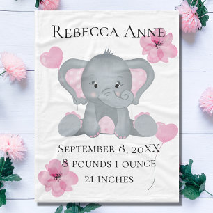 Personalised Birth Stats Baby Elephant Pink Grey  Fleece Blanket