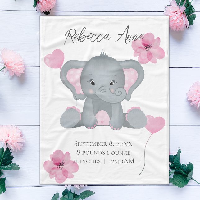Personalised Birth Stats Baby Elephant Pink Grey   Fleece Blanket (Creator Uploaded)