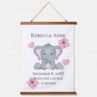 Personalised Birth Stats Baby Elephant Pink Grey 