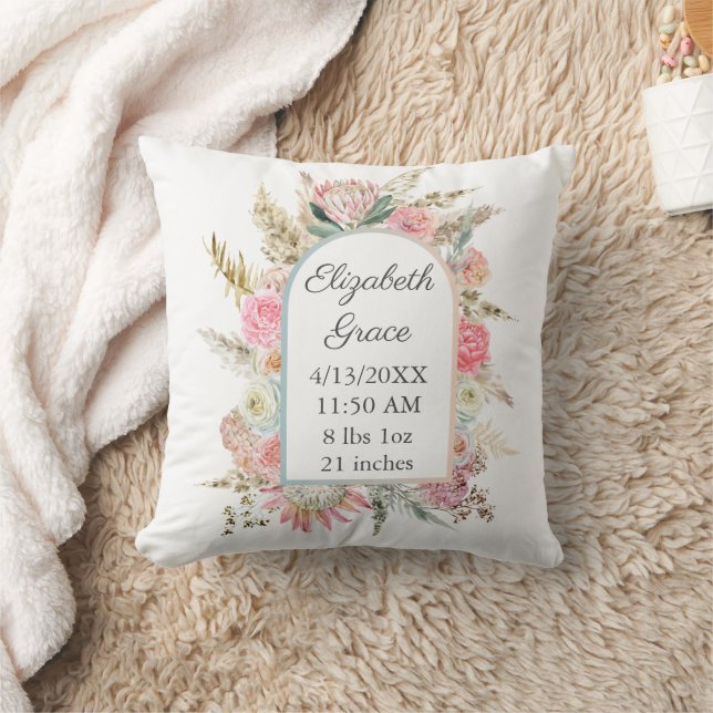  Personalised Birth Stats Pink Floral Boho Baby Cushion (Blanket)