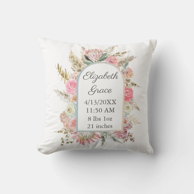  Personalised Birth Stats Pink Floral Boho Baby Cushion (Front)