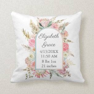 Personalised Birth Stats Pink Floral Boho Baby Cushion