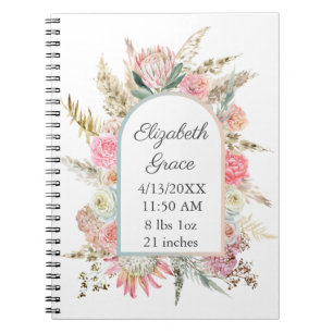 Personalised Birth Stats Pink Floral White Baby Notebook