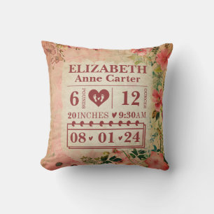 Personalised Birth Stats Vintage Floral Cushion