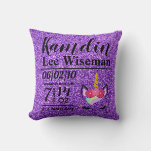 Personalised Birth Unicorn Purple Glitter Pillow