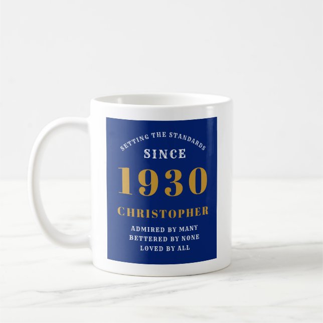 Personalised Birthday 1930 Elegant Blue Gold Name Coffee Mug (Left)