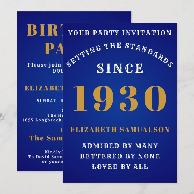 Personalised Birthday 1930 Elegant Blue Gold White Invitation (Front/Back)