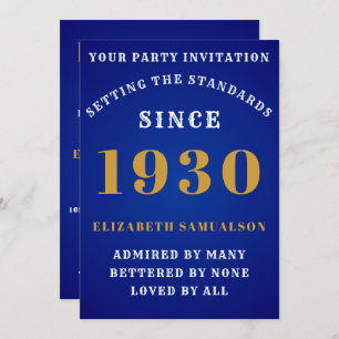 Personalised Birthday 1930 Elegant Blue Gold White Invitation