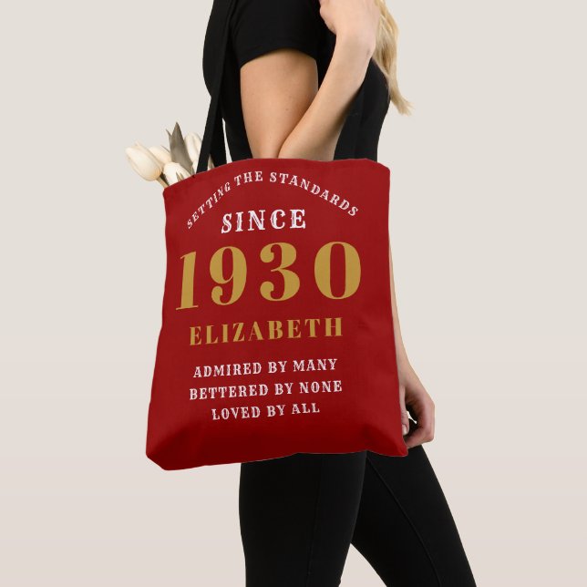 Personalised Birthday 1930 Red Gold Elegant Name Tote Bag (Close Up)