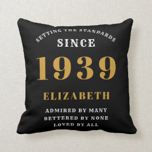 Personalised Birthday 1939 Black Gold White Chic Cushion