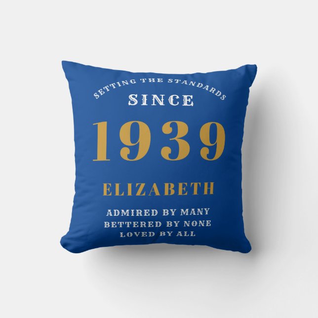 Personalised Birthday 1939 Blue Gold Add Your Name Cushion (Front)