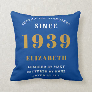 Personalised Birthday 1939 Blue Gold Add Your Name Cushion