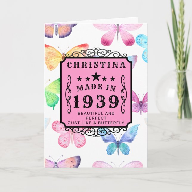 Personalised Birthday 1939 Pink Elegant Butterfly Card (Front)