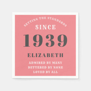 Personalised Birthday 1939 Pink Grey Elegant Chic Napkin