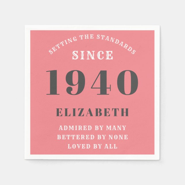 Personalised Birthday 1940 Pink Grey Add Name Chic Napkin (Front)