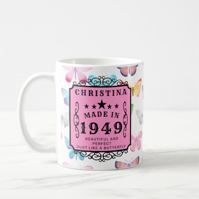 Personalised Birthday 1949 Butterfly Add Your Name Coffee Mug (Left)