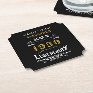 Personalised Birthday 1950 Legendary Black Gold Paper Coaster