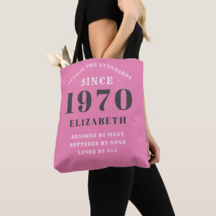 Personalised Birthday 1970 Add Your Name Pink Grey Tote Bag