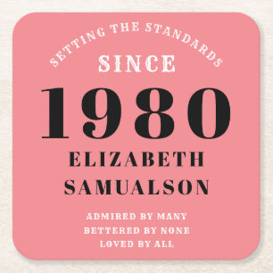 Personalised Birthday 1980 Pink Setting Standards Square Paper Coaster