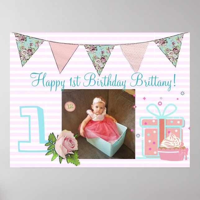 Personalised  Birthday Banner for1st Birthday Girl Poster (Front)