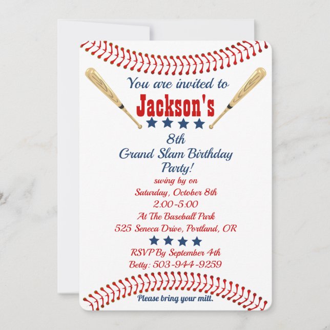 Personalised Birthday Baseball Theme Invitation (Front)