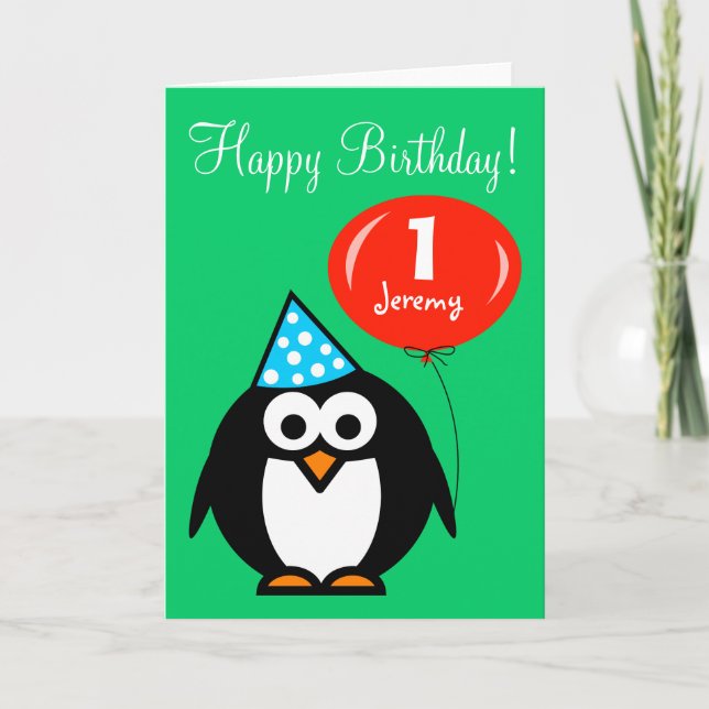 Personalised Birthday card | Penguin with balloon (Front)