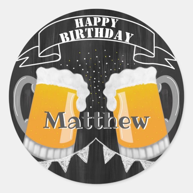 Personalised Birthday Chalkboard Beer Classic Round Sticker (Front)
