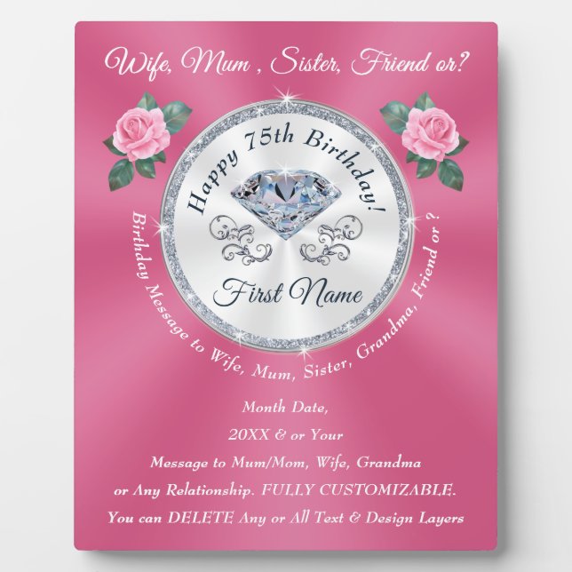 Personalised, Birthday Gift for 75 year old Woman, Plaque (Front)