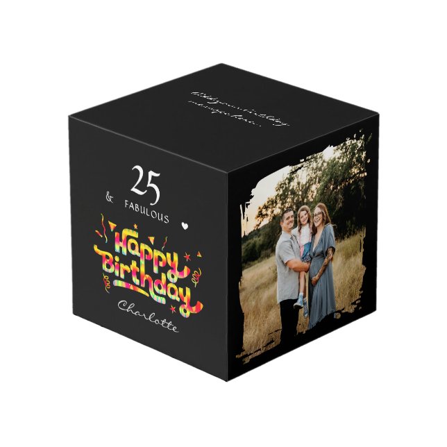 Personalised Birthday Gift with Custom Photo Name Cube (Front Angled)