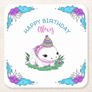 Personalised Birthday Girl Axolotl Themed Square Paper Coaster