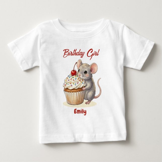 Personalised Birthday Girl | Cute Mouse & Cupcake Baby T-Shirt (Front)