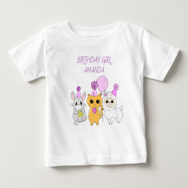 Personalised Birthday Girl LLama, Kitten and Mouse Baby T-Shirt (Front)