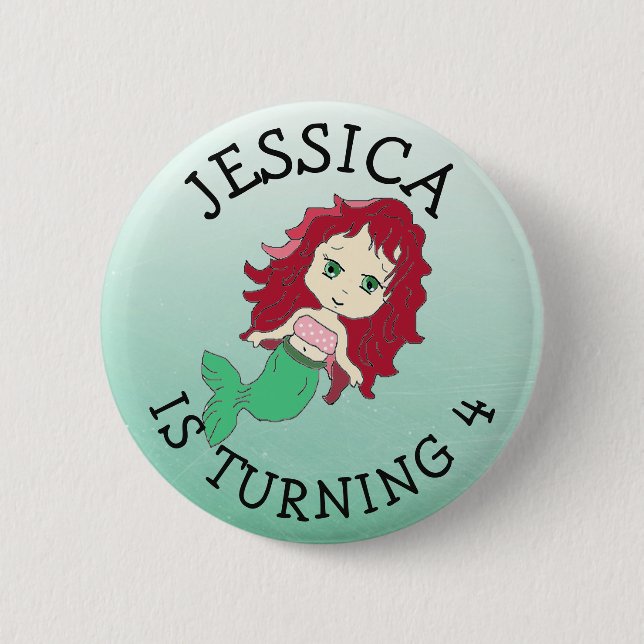 Personalised Birthday girl Red Hair Mermaid Button (Front)