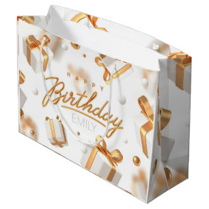 Personalised Birthday gold and white Stripes Large Gift Bag