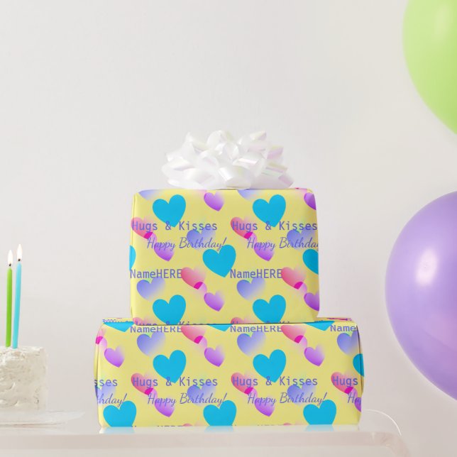 Personalised Birthday Hearts Hugs & Kisses Yellow  Wrapping Paper (Party Gifts)