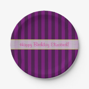 Personalised Birthday on a Purple Striped Pattern Paper Plate