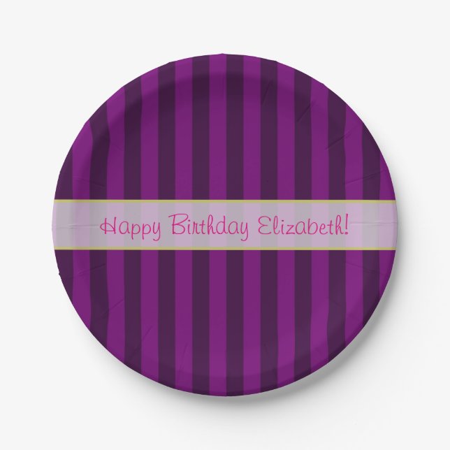 Personalised Birthday on a Purple Striped Pattern Paper Plate (Front)