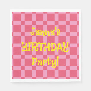 Personalised Birthday Party Pink Chequered Pattern Napkin