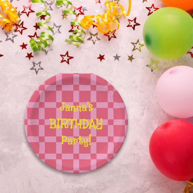 Personalised Birthday Party Pink Chequered Pattern Paper Plate (Personalized Birthday Party Pink Checkered Pattern Paper Plates)