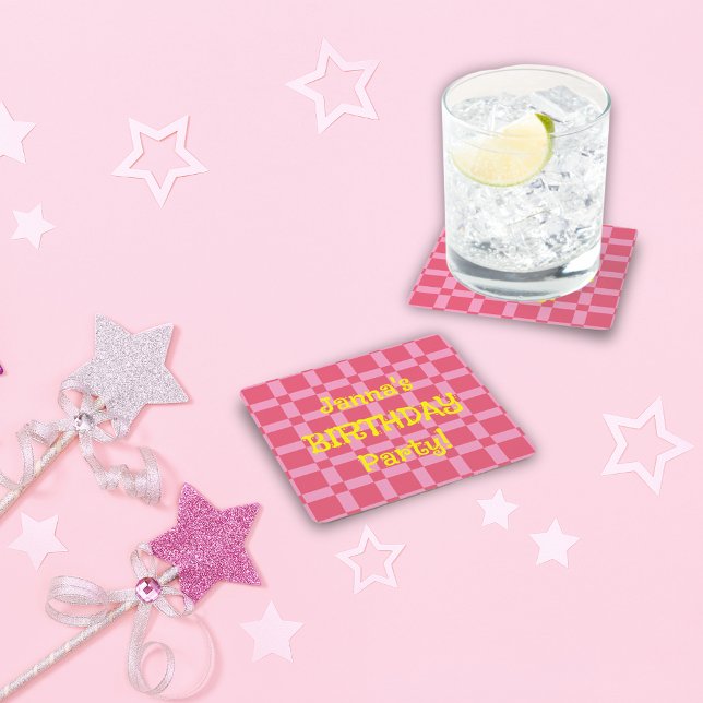 Personalised Birthday Party Pink Chequered Pattern Square Paper Coaster (Personalized Birthday Party Pink Checkered Pattern Square Paper Coaster)