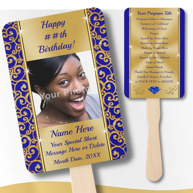 Personalised, Birthday Party Programs for Adults,  Hand Fan (Personalized, Birthday Party Programs for Adults. Royal blue and gold, birthday party hand fans. )