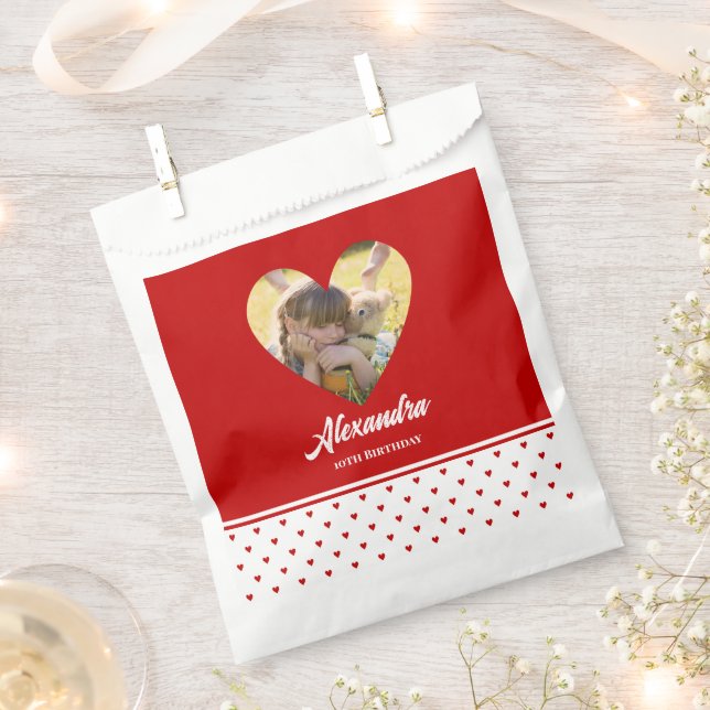 Personalised Birthday Photo Chic Red Heart Frame Favour Bag (Clipped)