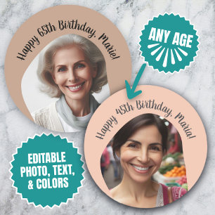 Personalised Birthday Photo Name Any Age Custom Classic Round Sticker